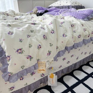 韩国碎花卡通全棉花边豆豆被床盖四件套加大尺寸可机洗填充棉花