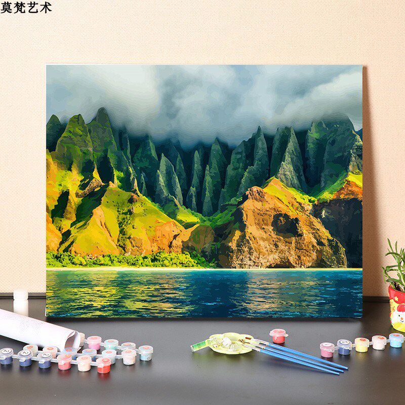 数字油画手工填充夏威夷考艾岛风景手绘涂色美丽岛油彩画画