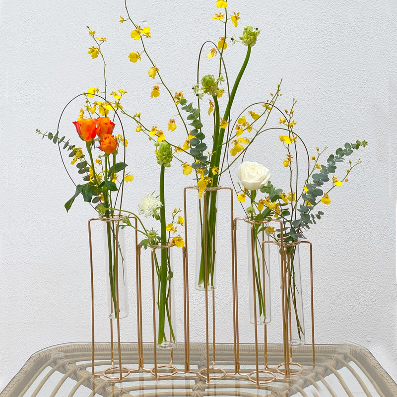 创意金属玻璃连体试管架花瓶客厅插花艺鲜花水养餐厅桌面装饰