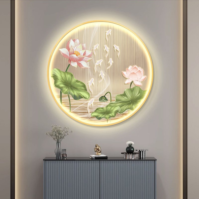 荷花九鱼图入户玄关装饰画走廊过道发光灯画背景餐厅墙壁圆形挂画图片