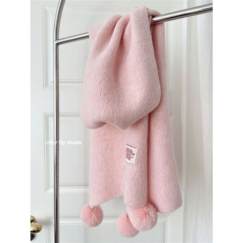 feytiy 定制高级感毛绒球球纯色保暖围巾女 冬季韩版百搭毛线围脖