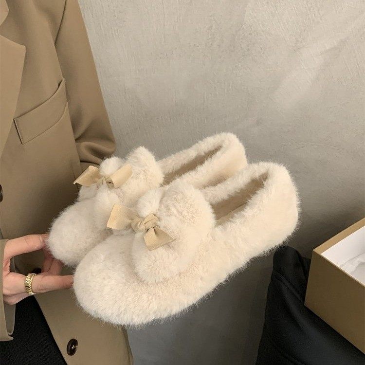 一脚蹬白色毛绒仙女毛毛鞋子女2024新款秋冬季外穿加绒孕妇豆豆鞋