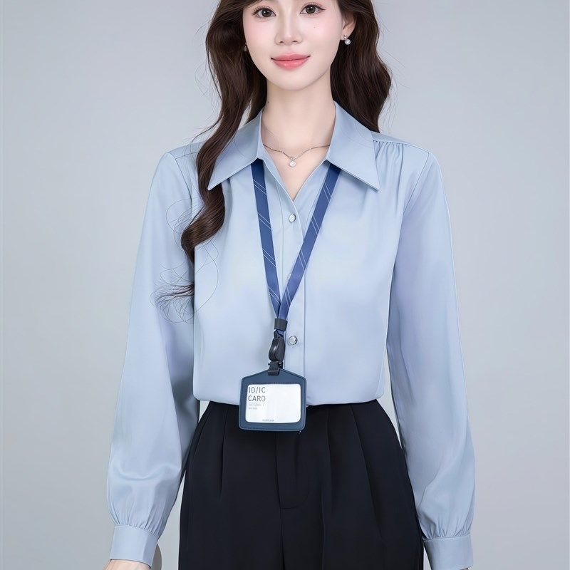 法式V领蓝色长袖衬衫女2025春秋设计感宽松商务通W勤面试正装衬衣