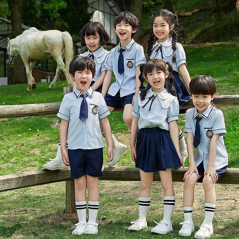 幼儿园园服夏装蓝色衬衫套装小学生英伦风校服儿童毕业照运动班服