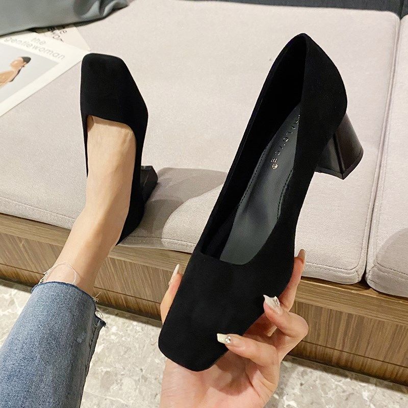 磨砂绒面黑色职业高跟鞋p女粗跟2024秋冬新款百搭方头浅口通勤单