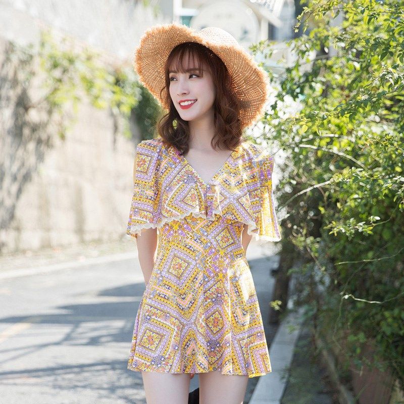泳衣遮肚显瘦保守式无袖遮肉小胸聚拢V领无钢托R裙式女款连体泳装