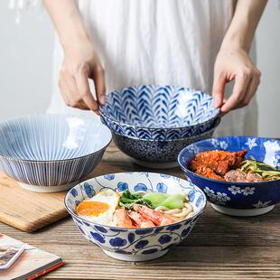 日本制进口蓝绘变陶瓷拉面碗高脚汤碗家用日式家用餐具大号泡面碗
