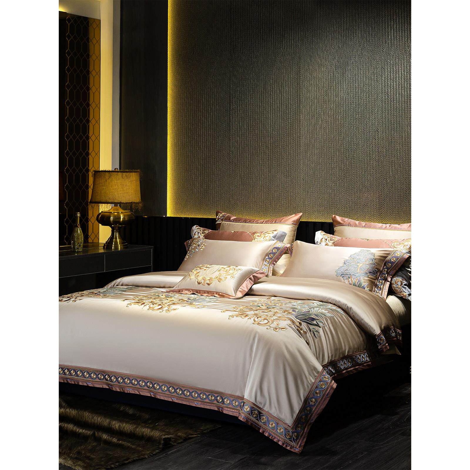 欧式高档别墅床上用品四件套140支长绒棉贡缎提花全棉刺绣十件套