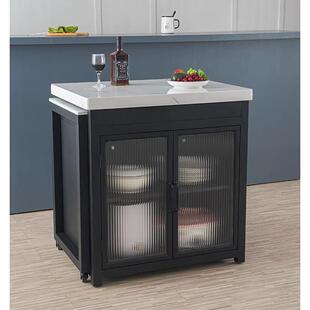 现代开 放式大理石厨房中岛料理台铁艺伸缩一体餐桌吧台边柜可移