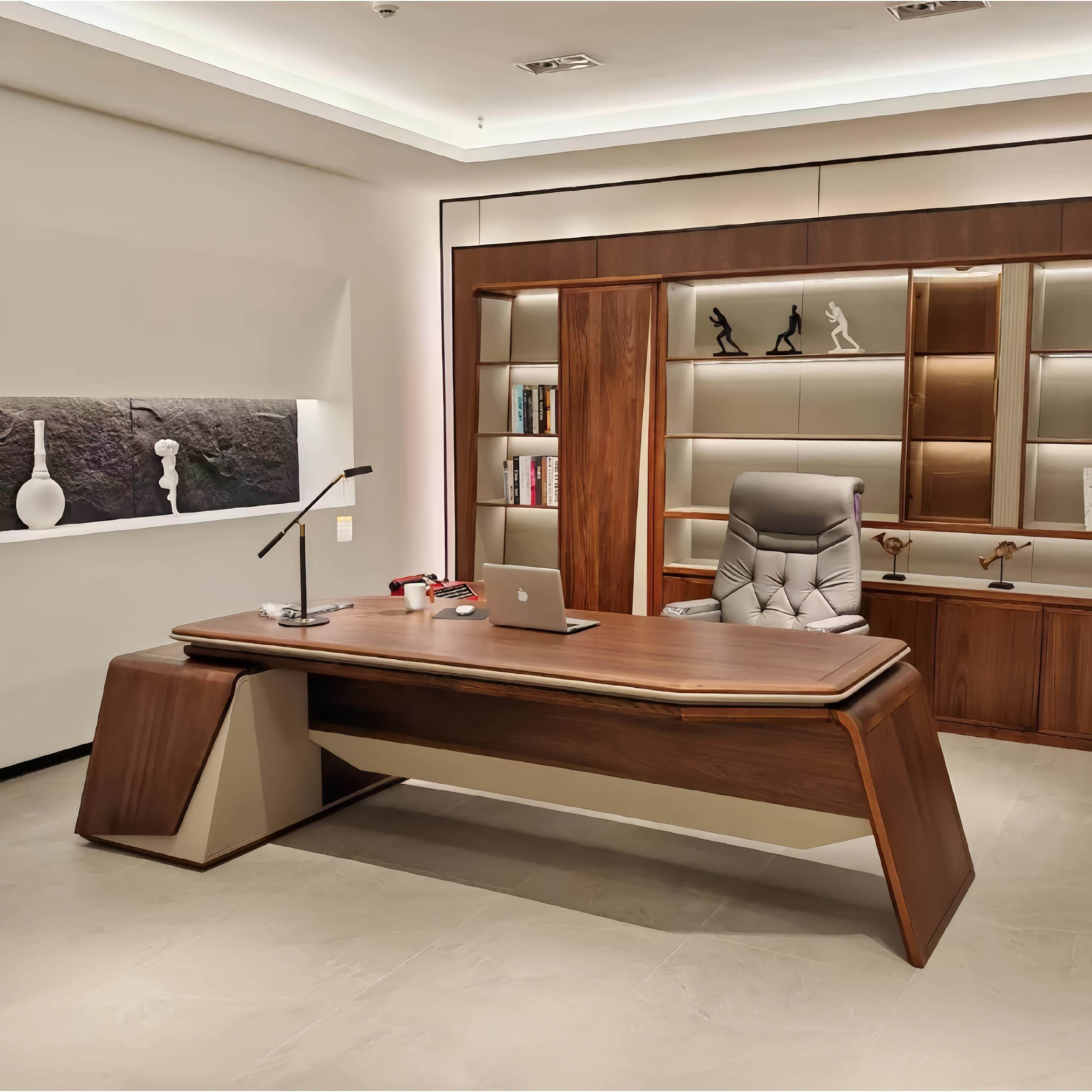 新中式办公桌北美黑胡桃木实木老板办公桌椅组合轻奢高级感大班台