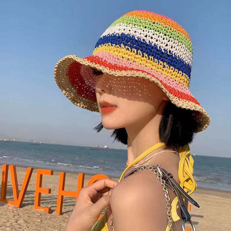 新款夏季韩国遮阳帽海边防晒帽子女小清新编织渔夫帽彩虹手工草帽