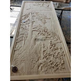 东阳木雕迎客松实木山水雕花板手工浮雕通花板玄关隔断背景墙定制