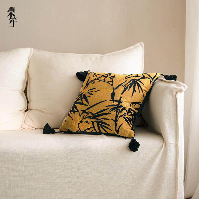 覆古现代新中式风竹叶豹子抱枕组合客厅沙发高级感靠垫设计师靠枕