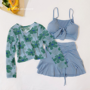 学生少女小清新泡温泉泳装 分体泳衣女三件套裙式 遮肚显瘦保守长袖