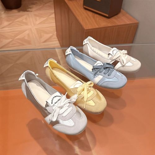 法式芭蕾德训鞋女平底2024夏季新款系带透气一脚蹬小白鞋时尚单鞋