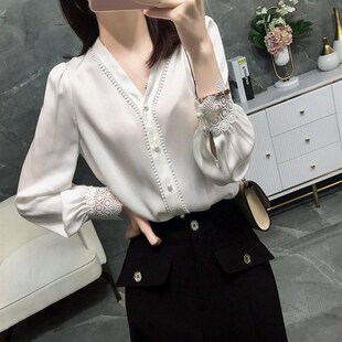 女胖mm大码 春装 蕾丝雪纺职业衬衫 长袖 宽松显瘦打底衬衣200斤 新款