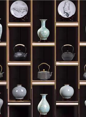 中式茶室摆件套装艺术品博古架茶柜茶壶茶道摆件装饰铁壶陶瓷花瓶