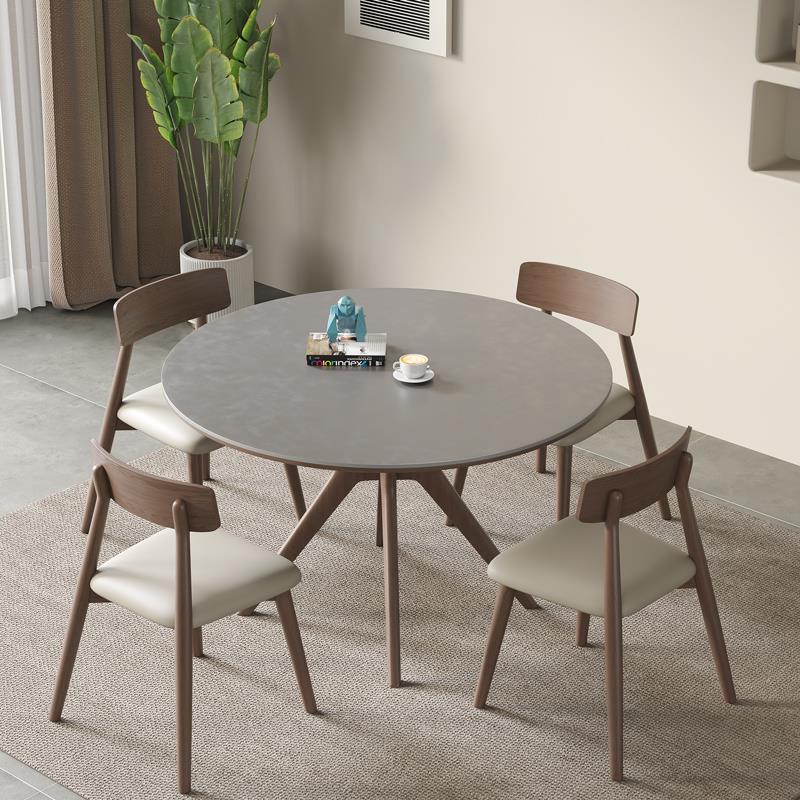 明北匠轩家居欧胡桃色家合499用实木岩板圆形餐桌椅组餐厅吃饭圆