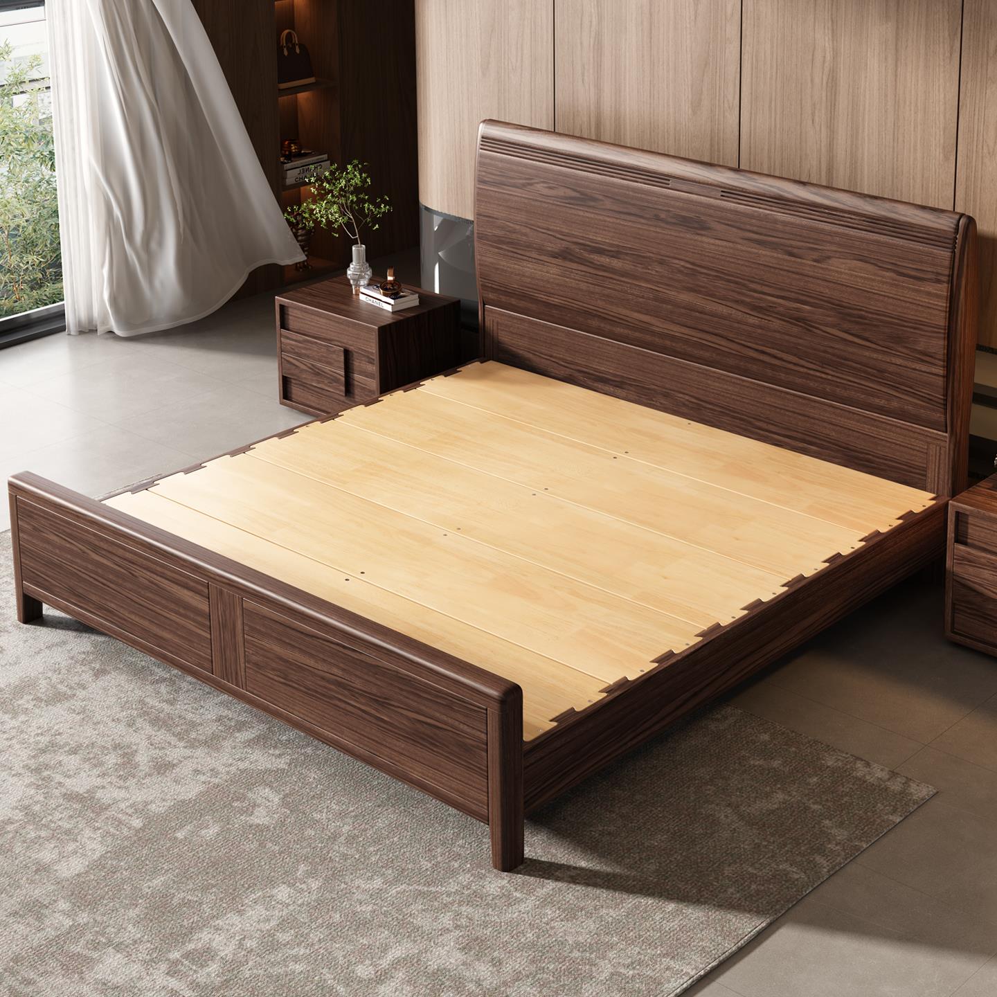 北美黑胡5桃木床1.8米卧室双大床1.XL-H831#m人现代中式主气压储