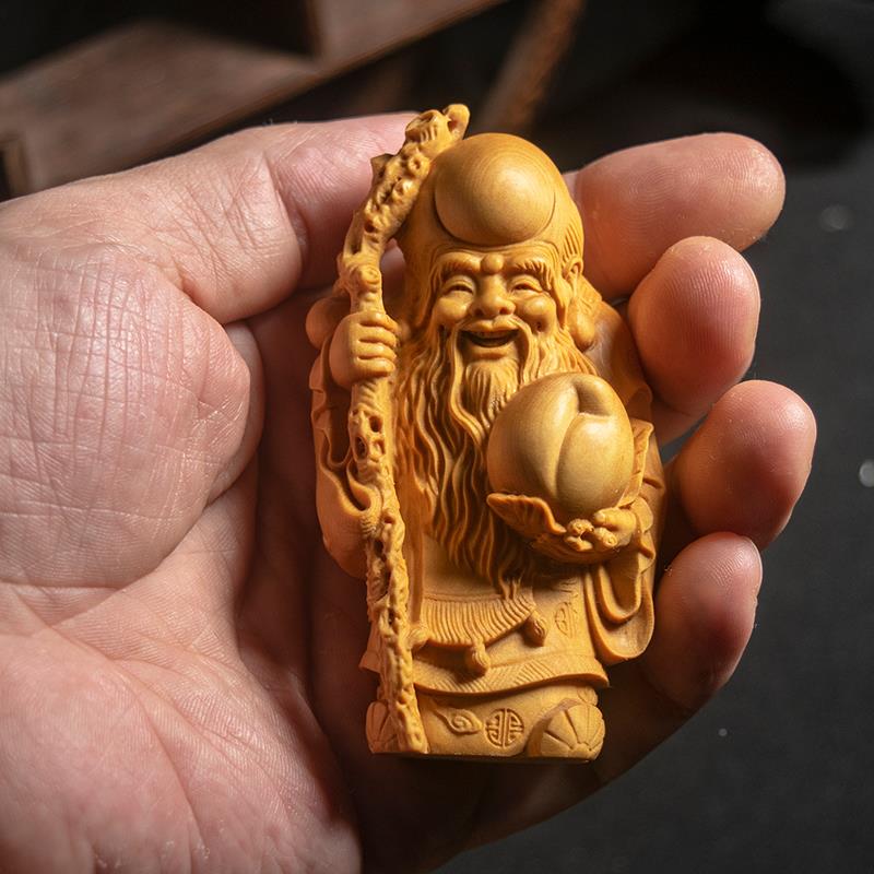 《福禄寿》寿把星小叶黄身杨雕刻文玩木随手玩件送老人BXH工艺礼