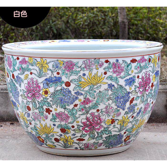 德镇陶瓷景缸绘粉彩金鱼缸乌龟风水睡莲缸瓷器中国鱼手风荷DXN花