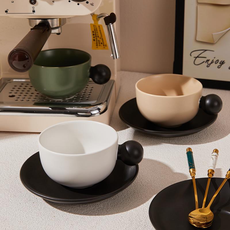 日式圆球手柄陶瓷咖啡杯碟套装拿铁杯轻奢下午茶水杯拉花杯奶咖杯
