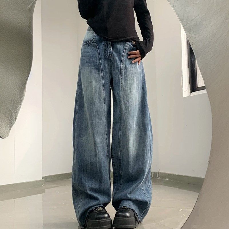 特大码胖mm复j古高街阔腿牛仔裤女美式设计感宽松垂感弯刀裤子,女装/女士精品,大码裤装,淘宝优惠券,粉丝福利购,淘宝优惠卷