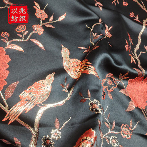 中国风缎面金丝花鸟旗袍提花布多色唐装diy礼服色织中式马甲面料