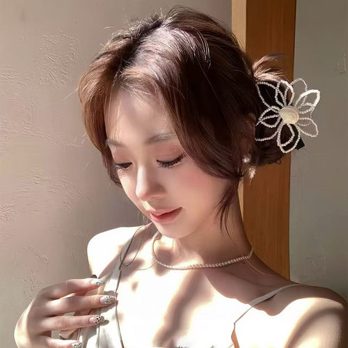 韩系超仙花朵珍珠发夹简约时尚侧边鸭嘴夹高级感气质百搭发饰头饰