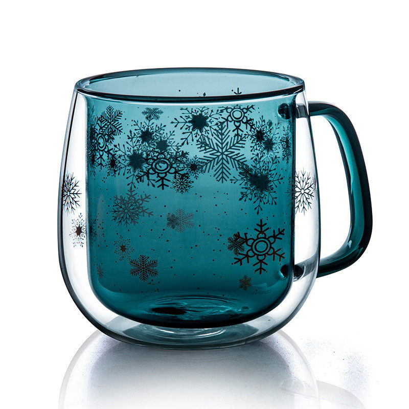 双层玻璃雪花杯高硼硅玻璃耐热水杯把手玻璃马克杯绿色玻璃杯