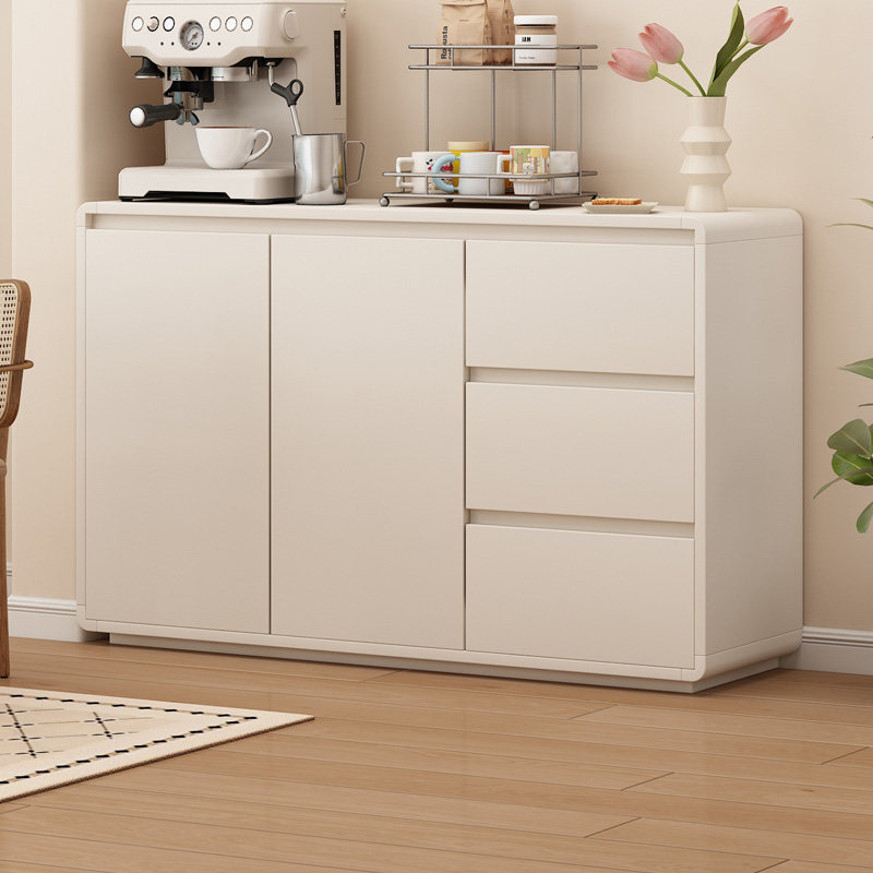 简约现代实木餐边柜客厅收纳储物柜白色门板木纹边框百搭