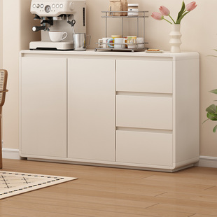 简约现代实木餐边柜客厅收纳储物柜白色门板木纹边框百搭