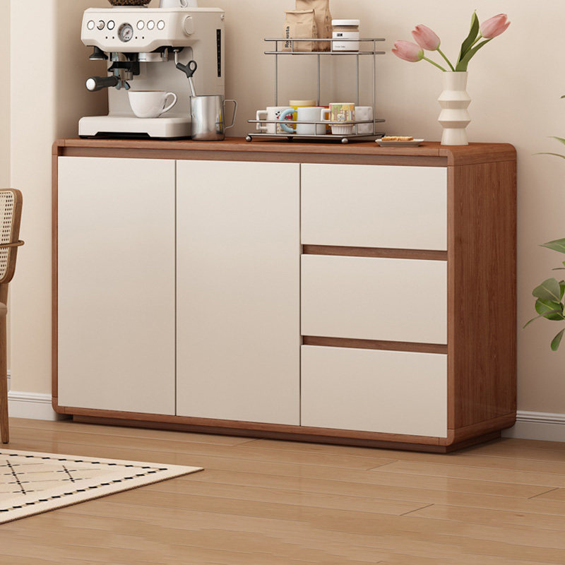 简约现代实木餐边柜客厅收纳储物柜白色门板木纹边框百搭