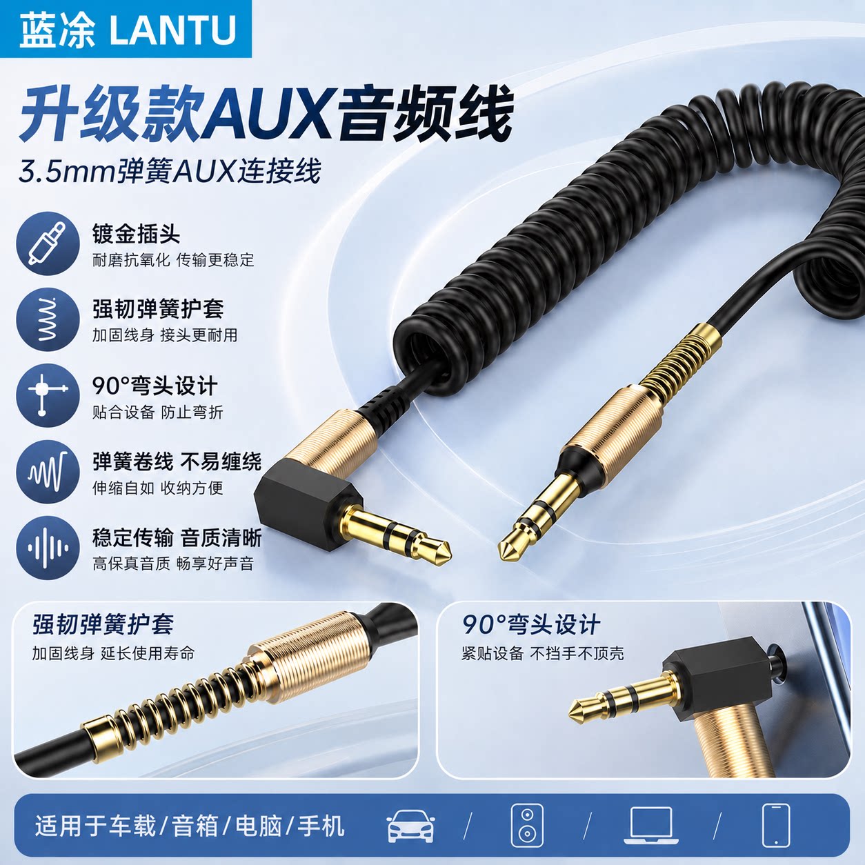 3.5mm音频连接线aux车用音响耳机输出数据车载线35毫米公对公专用