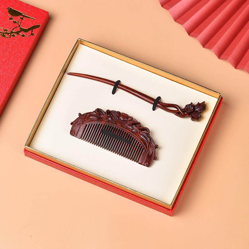 紫檀木梳簪子雕花花团锦簇便携防静电家用礼盒装送女朋友养发梳子