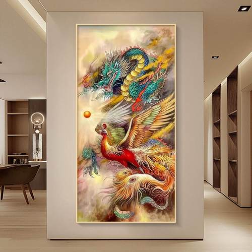 凤凰呈画祥玄关12灯画装饰高级感道走廊画尽头挂孔雀入户正对门过