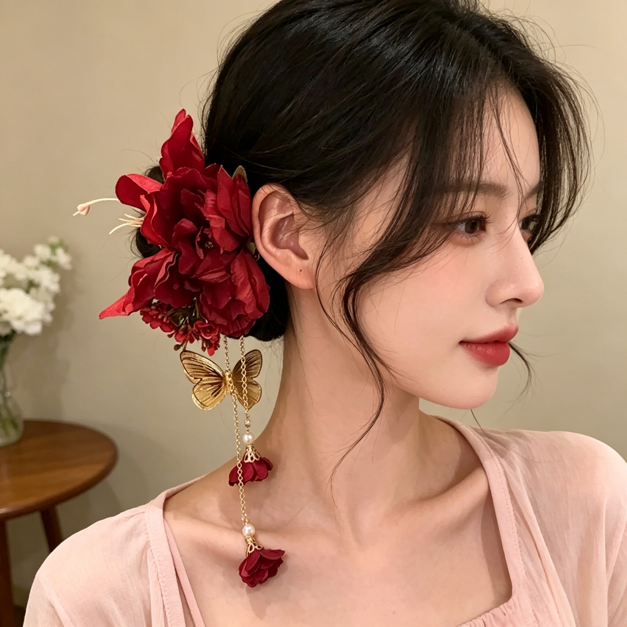 新年红色花朵流苏发夹新娘侧边夹图片