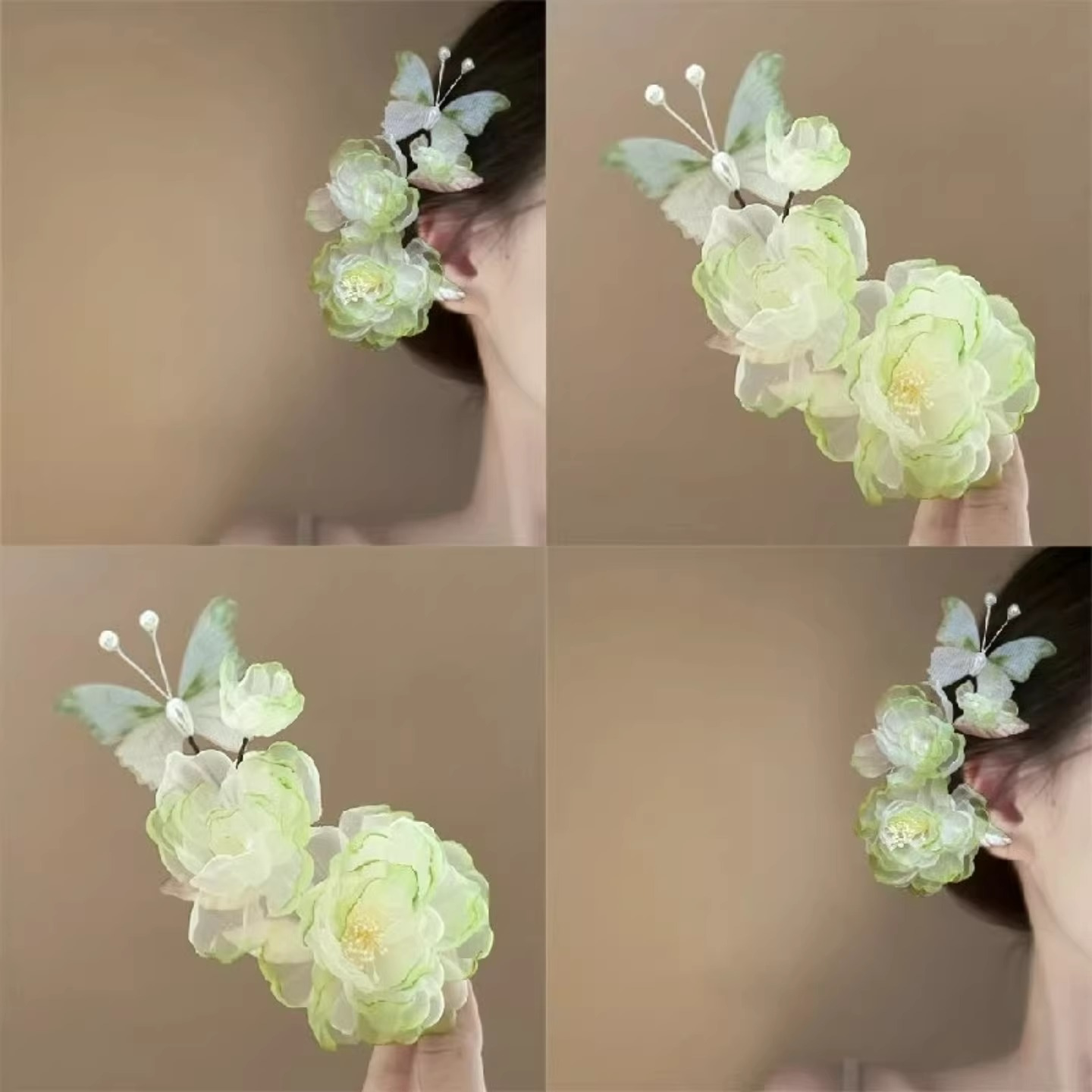 新中式牡丹花发夹超仙簪花头饰渐变绿色清新绢花发卡古风侧边头饰