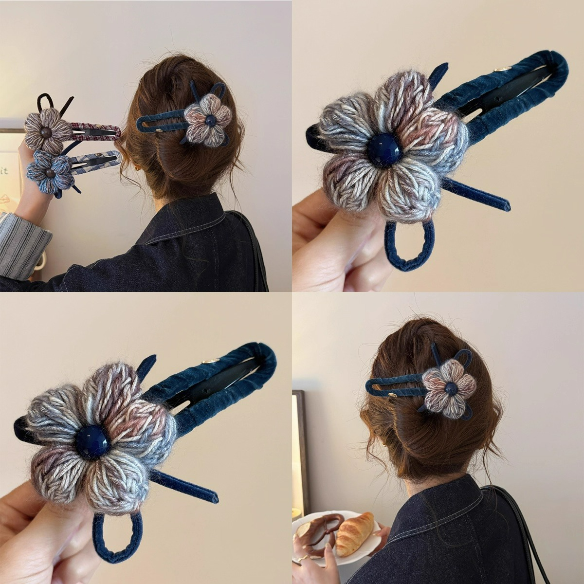 蓝格纹毛线花朵发夹女大号鸭嘴夹2025新款一字抓夹后脑勺发卡头饰,饰品/流行首饰/时尚饰品新,发饰,淘宝优惠券,粉丝福利购,淘宝优惠卷