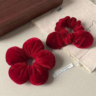 红色丝绒立体花朵发圈新年儿童丸子头甜美肠圈女童扎马尾头绳发饰