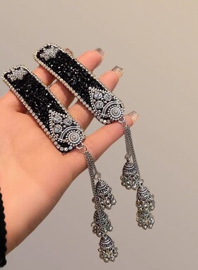 民族风黑色闪钻流苏发夹复古铃铛设计高级感刘海碎发夹精致边夹女