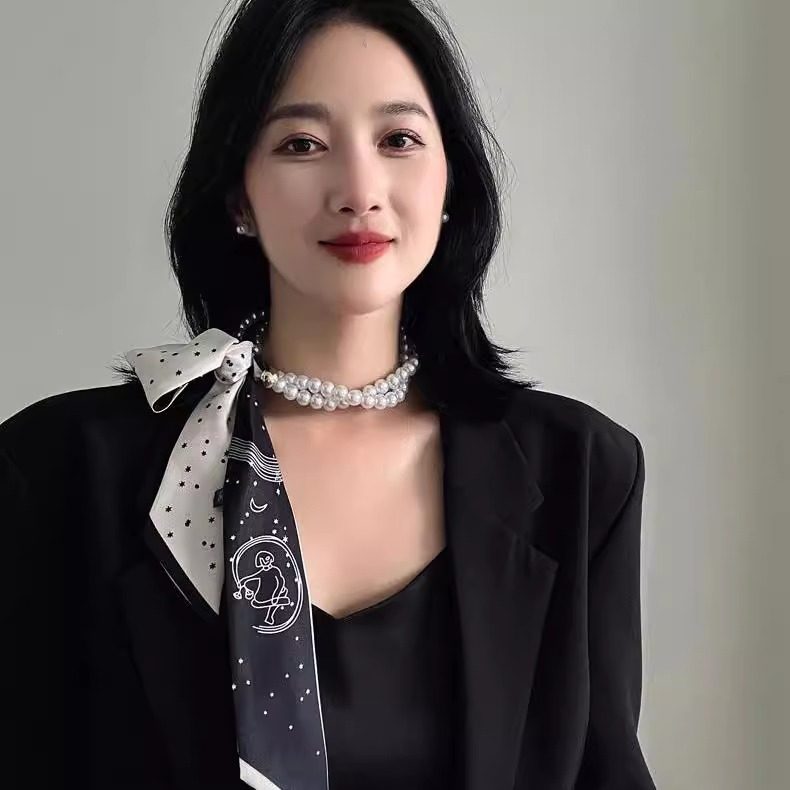 生日礼物双层纱巾双层珍珠丝巾女韩版百搭装饰领巾高级感围巾女