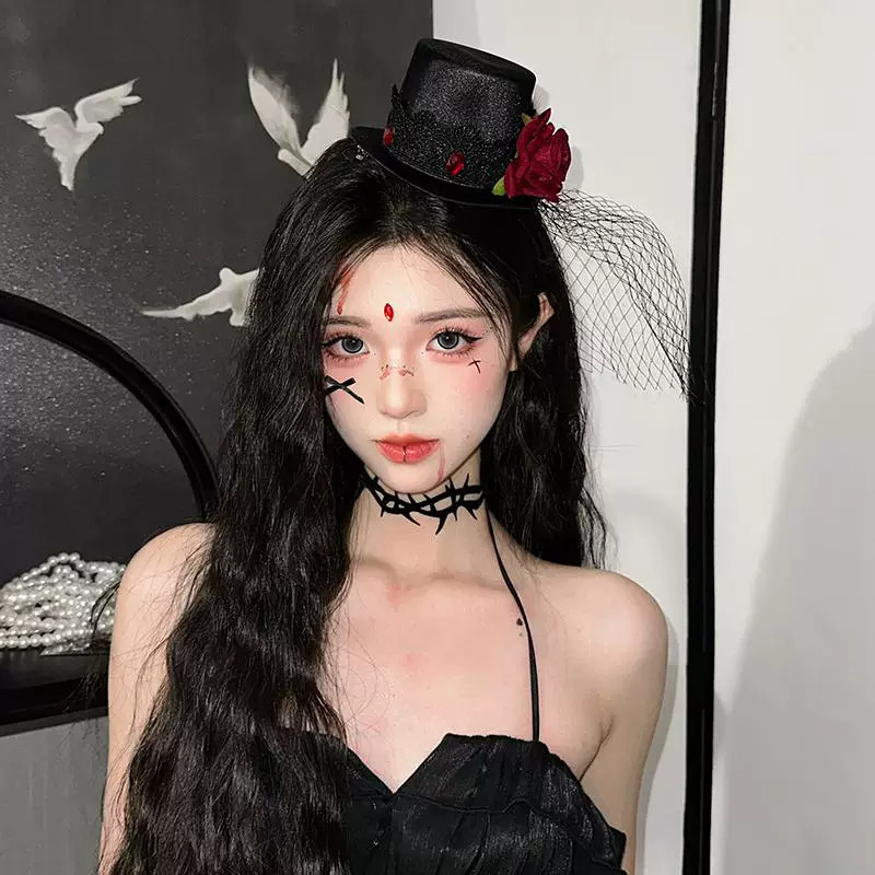 万圣节玫瑰蕾丝头纱小礼帽网红侧边夹哥特cos拍照洛丽塔新娘边夹