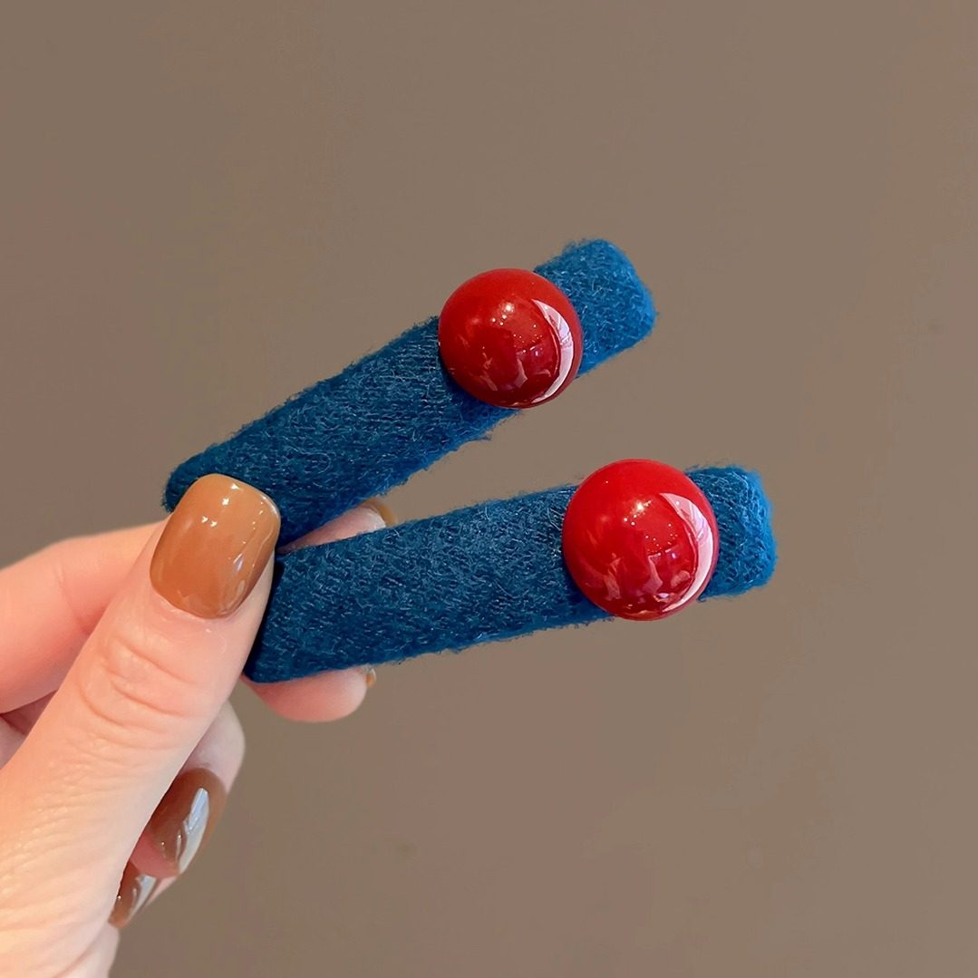 复古红珠子蓝色发夹女碎发刘海