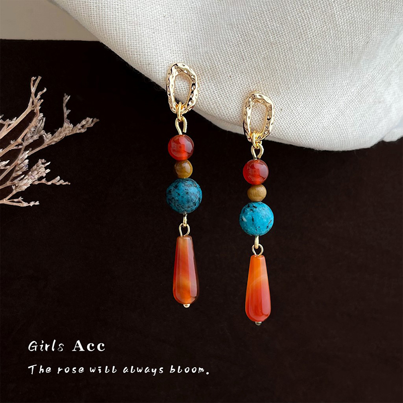 文艺复古天然石红玛瑙耳环女个性新中式长款串珠汉服旗袍国风耳饰