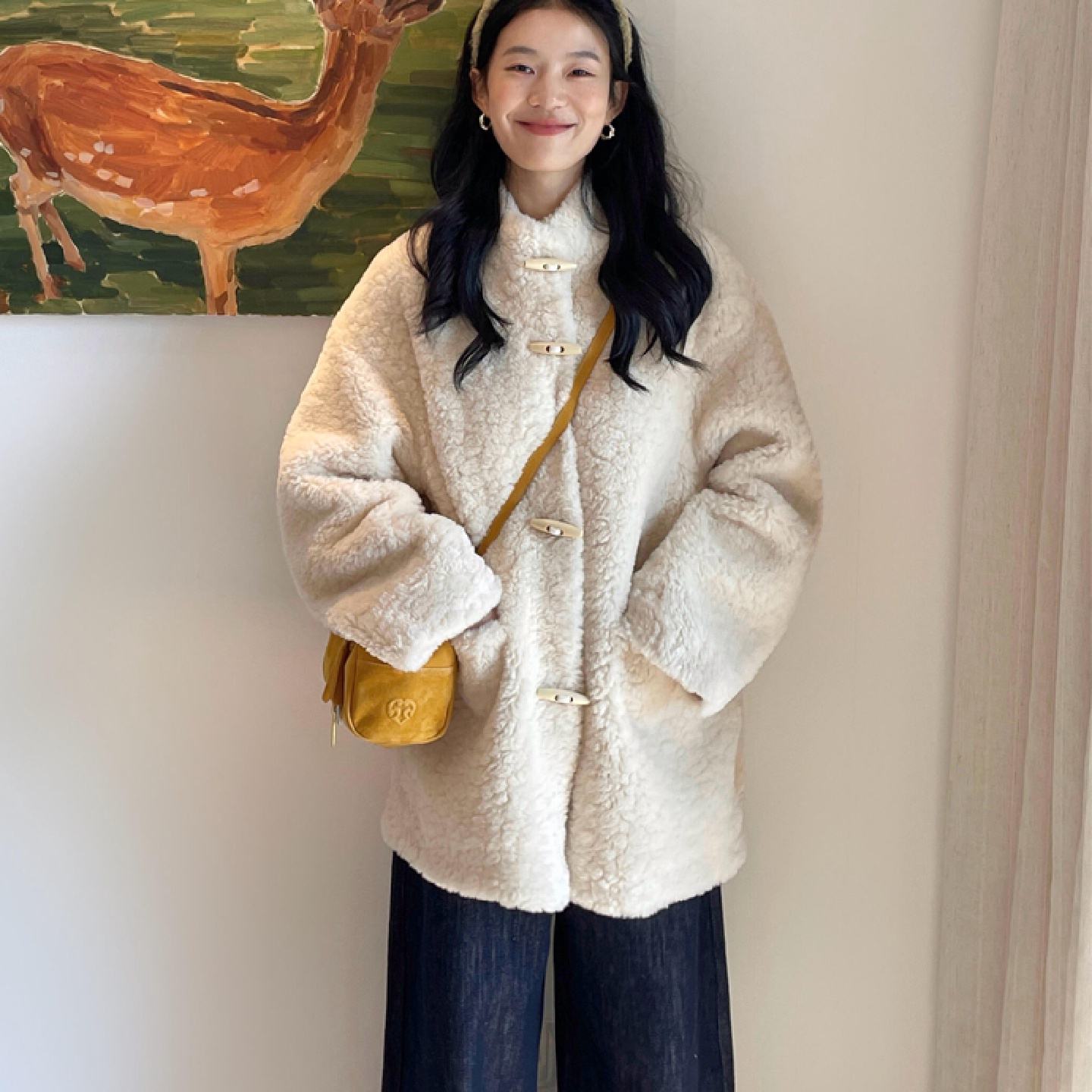时尚保暖羊羔毛外套女冬新款宽松休闲白色立领皮毛一体毛绒厚大衣
