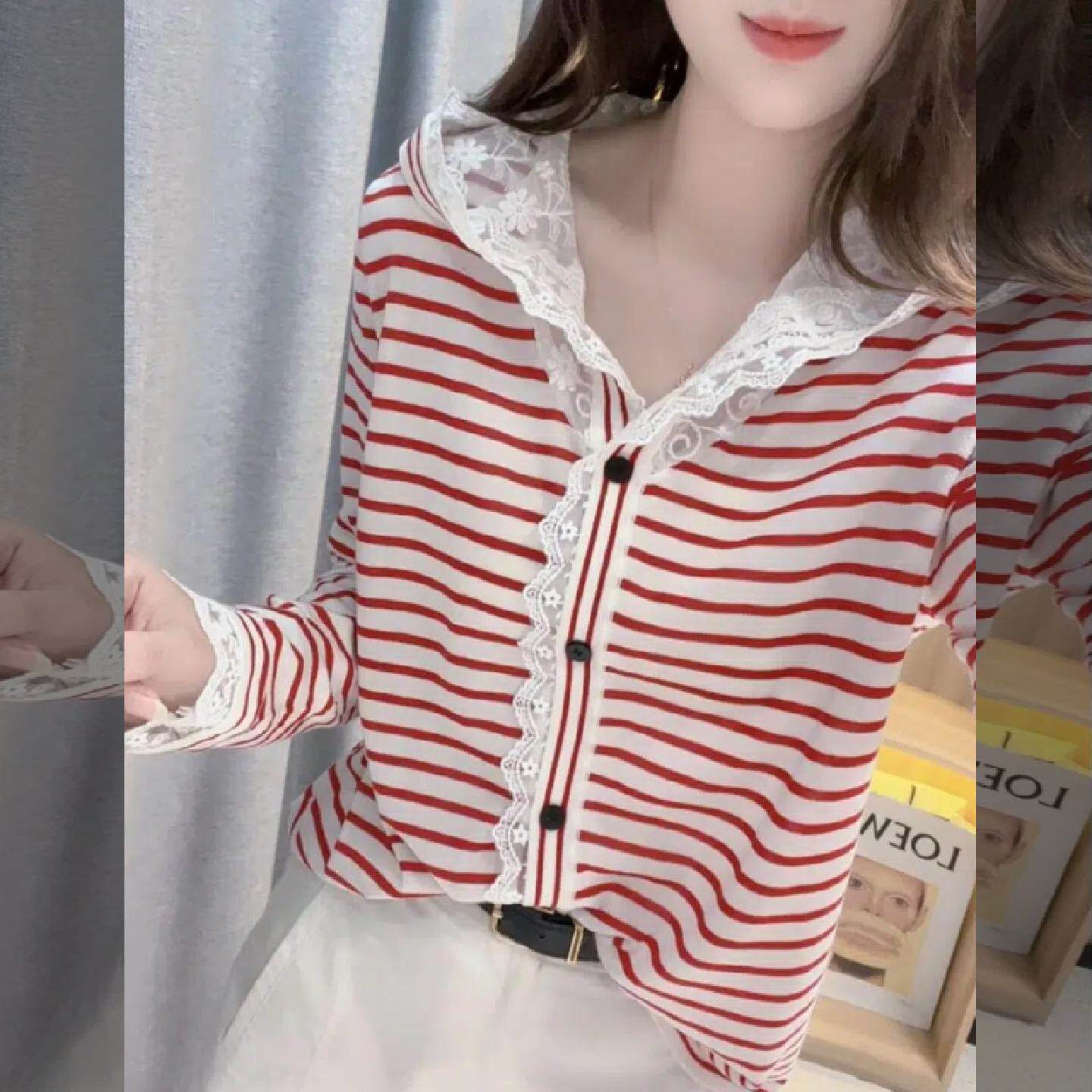 独特绝美条纹连帽卫衣女款2025新款小众设计感蕾丝帽衫上衣春秋款