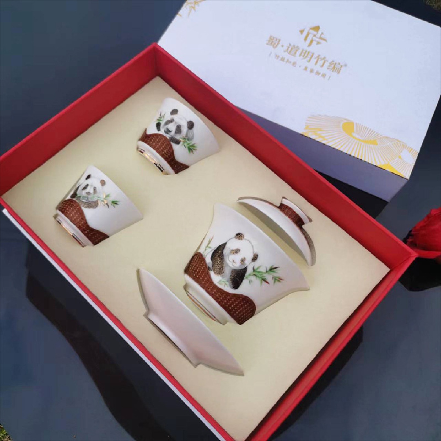 非遗瓷胎竹编道明手工艺品竹丝扣瓷熊猫抱竹三才盖碗茶具伴手佳礼