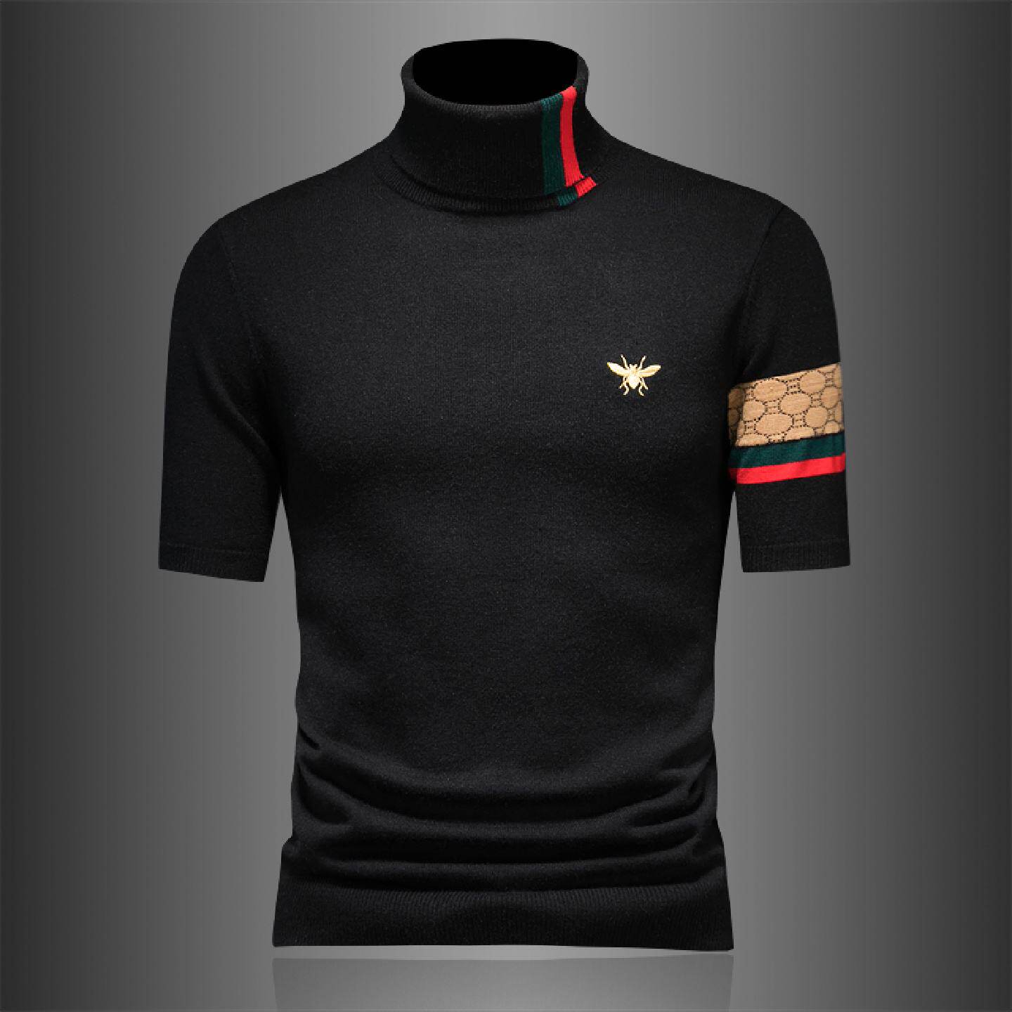 欧洲站半高领短袖羊毛衫男士秋冬季新款潮牌刺绣中领针织打底毛衣