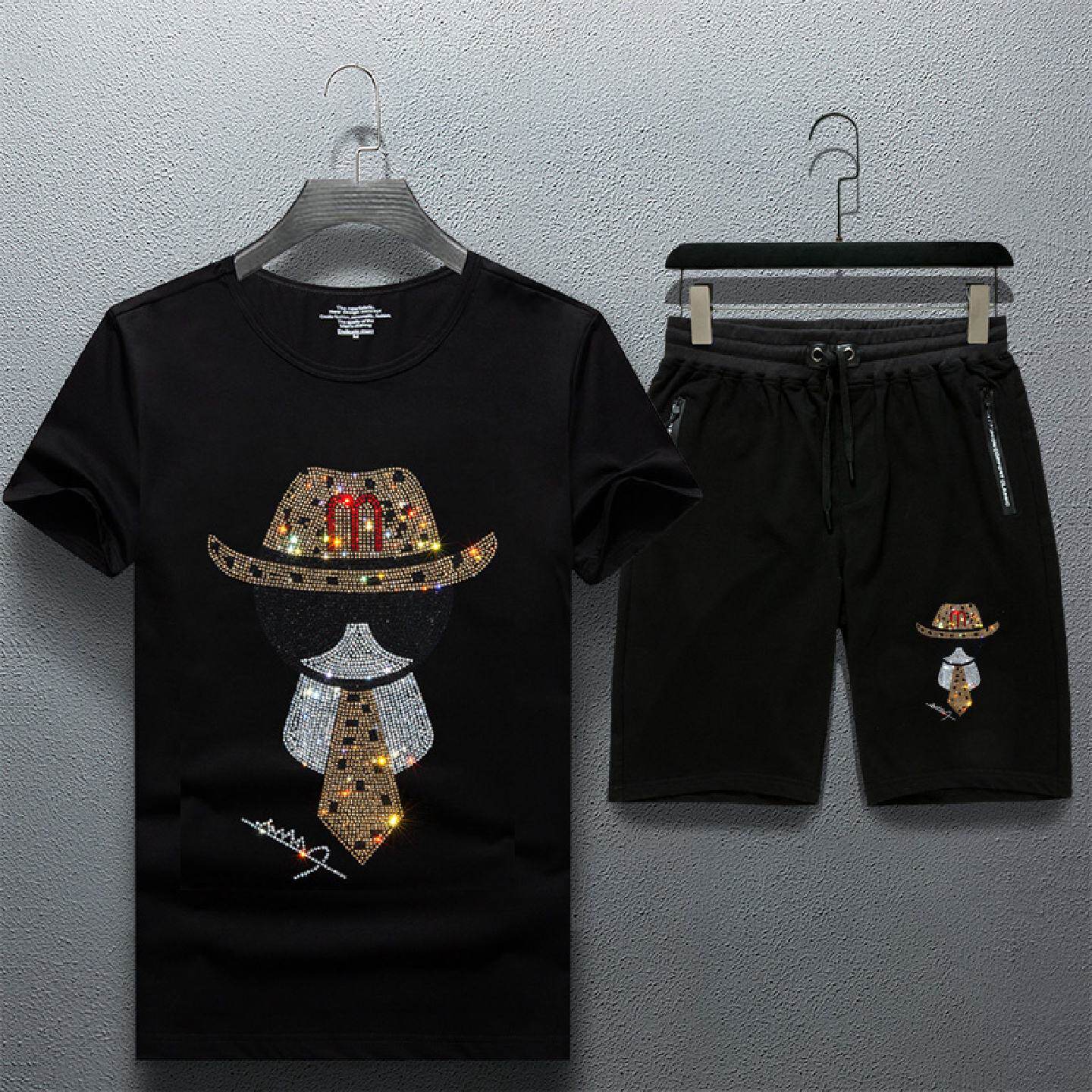2026新款夏季男士套装休闲装烫钻恤潮韩版帅气短袖短裤潮男